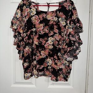 Floral Ruffle Sleeve Blouse - Black and Pink